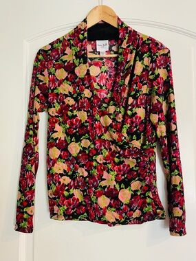 Kate Hill Black Floral Wrap Long Sleeve Sheer Blouse Red, Pink & Green Petite M